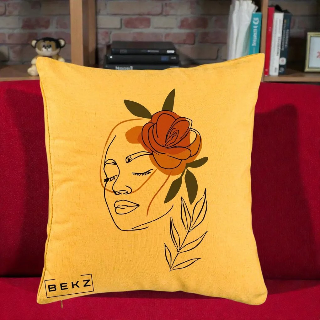 Perna Decorativa Portret Feminin Trandafir Ruginiu, 40x40 cm, Galben, Husa Detasabila, Perna Inclusa, BEKZ®