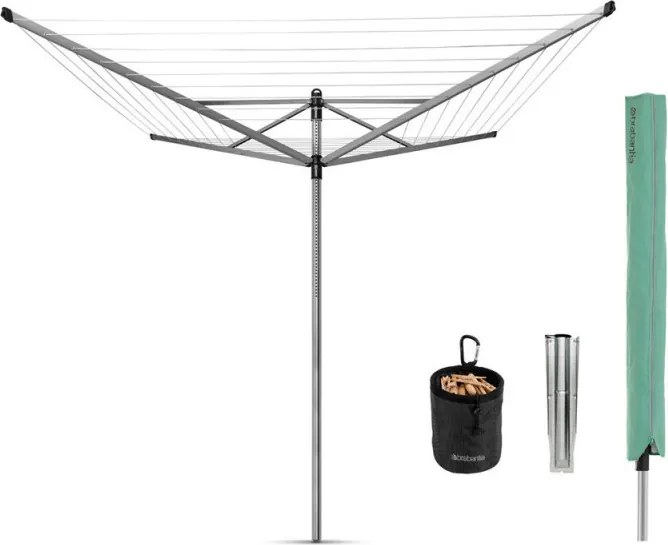 Suport exterior Brabantia Lift-O-Matic 1003466, 50 m, înălțime reglabilă, țeapă metalică pentru fixare în pământ, husă, sac cu agrafe, rezistent la coroziune, oțel inoxidabil