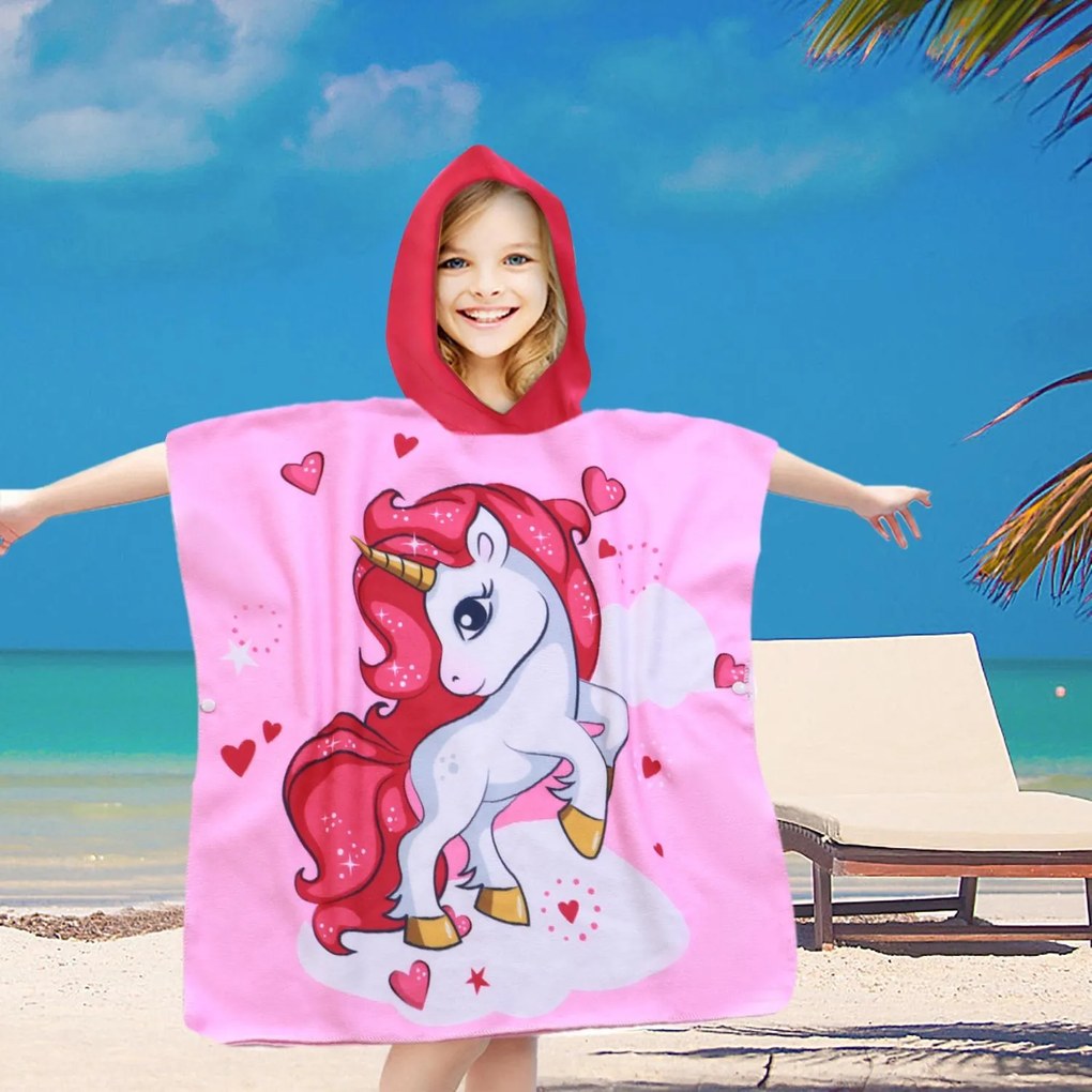 Prosop poncho copii Culoare Roz, UNICORN 60 x 120 cm