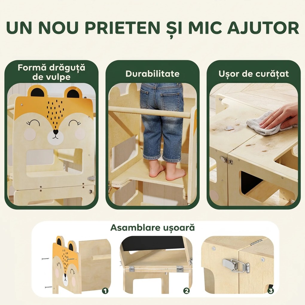 Turn Montessori AIYAPLAY pentru Copii 2-5 Ani cu Tablă și Măsuță, Scăunel pentru Copii din Placaj, 57x39x93 cm, Culoare Lemn | Aosom Romania