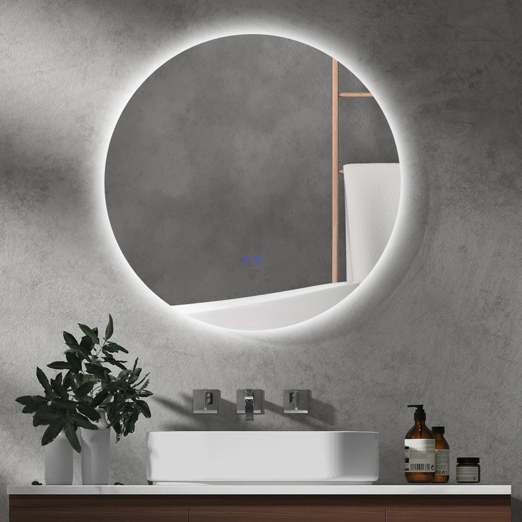 kleankin Oglindă de Baie Rotundă cu Lumină LED în 3 Culori și Întrerupătoare Touch, Ø70x3,5 cm, Transparet | Aosom Romania