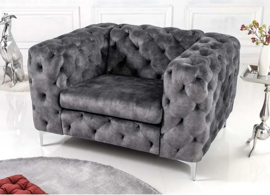 Fotoliu design Chesterfield, Catifea, Gri inchis, MODERN BAROCK