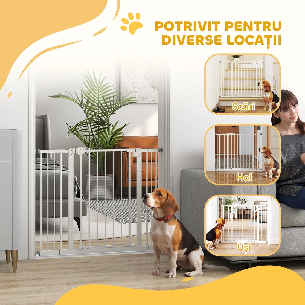 PawHut Poartă Extensibilă pentru Câini fără Șuruburi, Poartă de Siguranță Reglabilă cu 2 Extensii, 94-100 cm, Alb | Aosom Romania