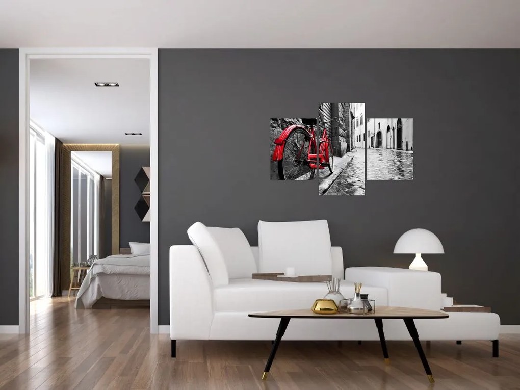 Tablou - Bicicleta roșie pe o stradă pavată (90x60 cm)