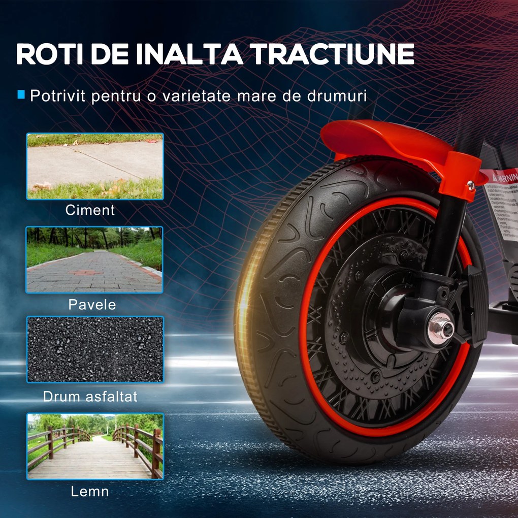 HOMCOM Motocicleta Electrica pentru Copii 18-36 Luni, cu Roti Suplimentare si Far, din PP si Metal ,Rosu si Negru | Aosom Romania