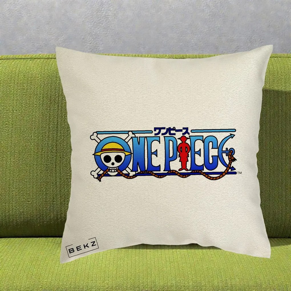 Perna Personalizata One Piece Clasic Albastru, 40x40 cm, Ecru, Husa Detasabila, Perna Inclusa, BEKZ®
