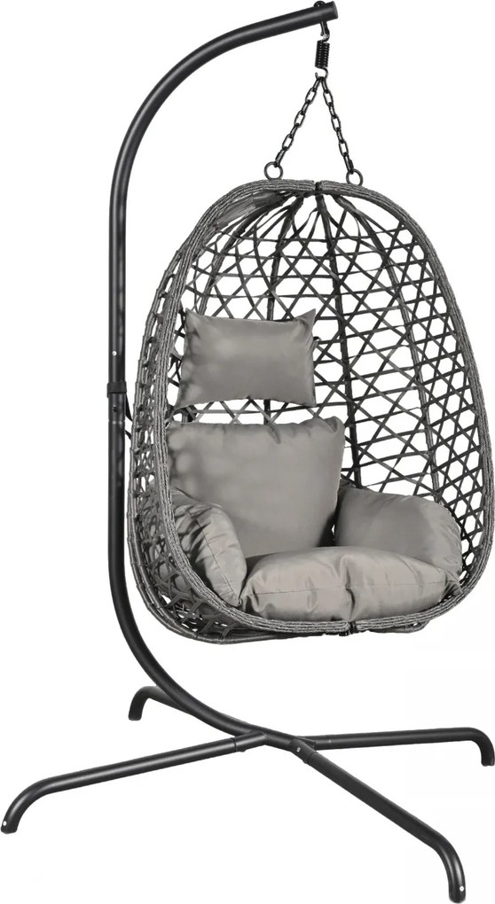 Fotoliu leagan suspendat, cu perne moi, cos pliabil, rezistente la UV, împletitură PE ratan, structură metalică, pentru interior și exterior, Gri