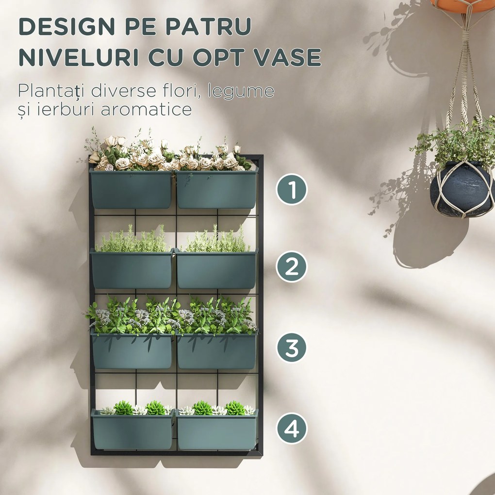 Outsunny Suport pentru Plante, 8 Ghivece Stivuibile, Rezistente la Intemperii, 52.5 x 14 x 90 cm, Gri + Negru | Aosom Romania