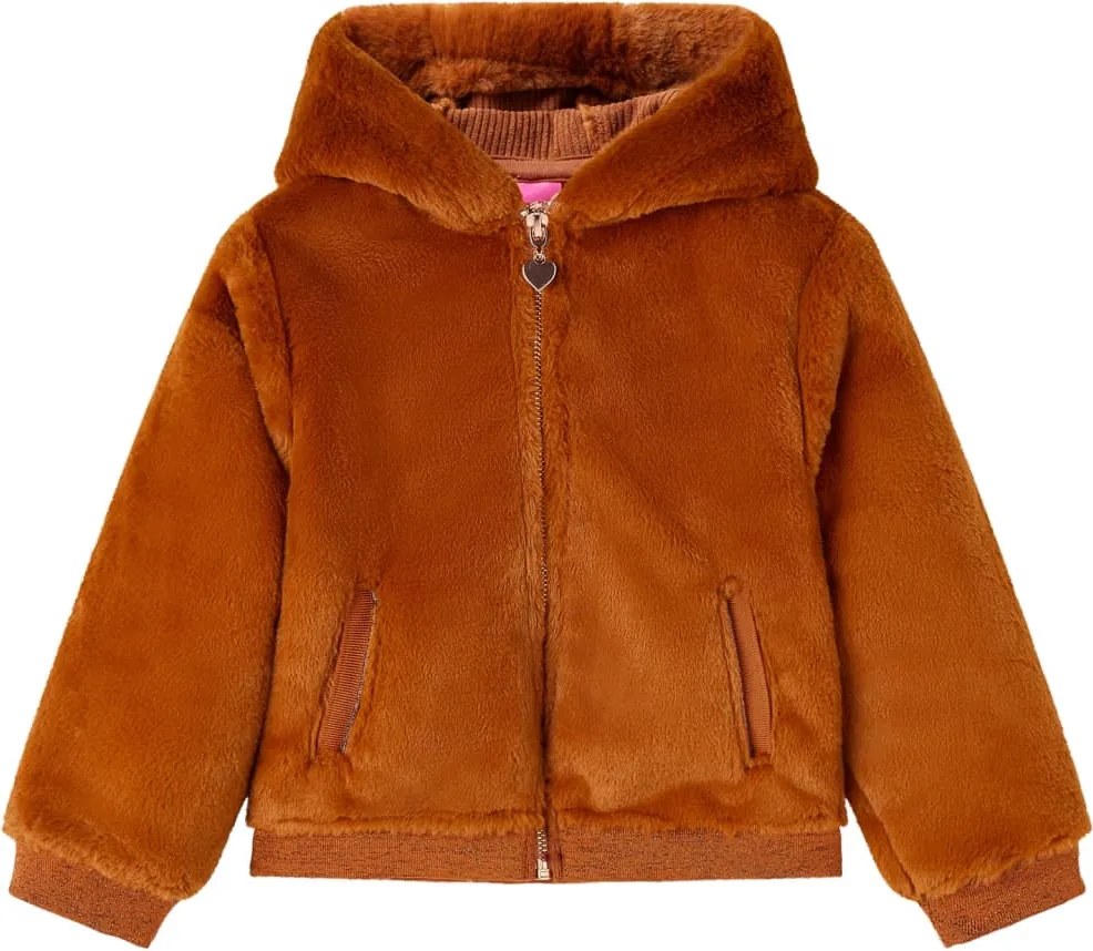 vidaXL Jachetă cu glugă pentru copii, blană artificială, coniac, 104