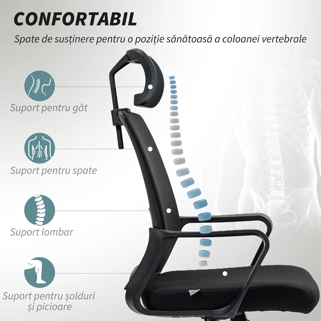 HOMCOM Scaun de Birou Ergonomic cu Tetieră, Înălțime Reglabilă și Funcție de Balansare, 60x64x102-112 cm, Negru | Aosom Romania