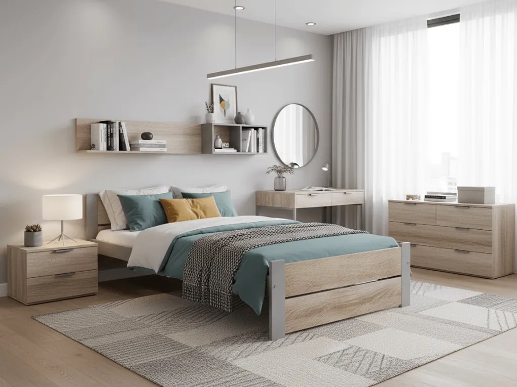 Pat de o persoana IKAROS DOUBLE 90 x 200 cm, stejar sonoma/gri Saltele: Cu saltele Deluxe 10 cm, Somiera pat: Cu lamele drepte