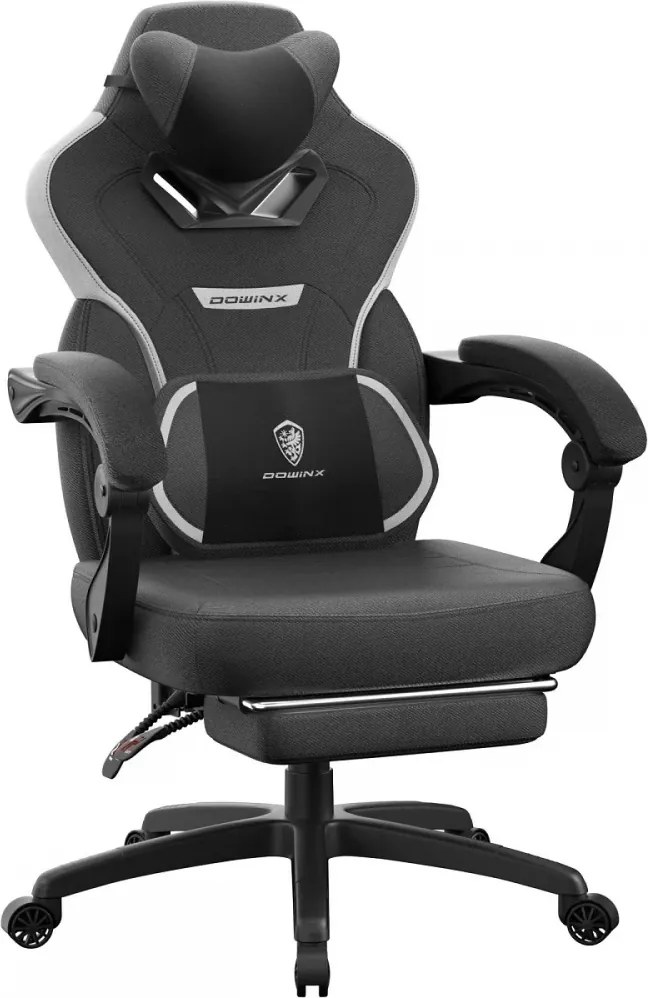 RESIGILAT- DOWINX Scaun gaming, ergonomic, suport lombar cu masaj, Șezut cu Arcuri Metalice și Spumă, Spătar înalt, rabatabil 90°-145°, Buzunar depozitare, Suport picioare, rezistent 150 kg, material textil respirabil, Negru