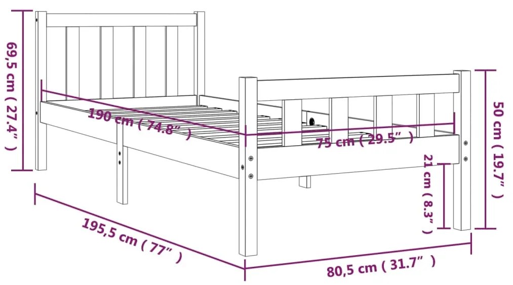 Cadru de pat mic Single 2FT6, 75x190 cm, lemn masiv Maro, 75 x 190 cm