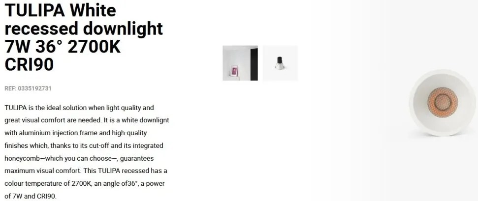 Spot LED incastrabil TULIPA White recessed downlight 7W 36° 2700K CRI90