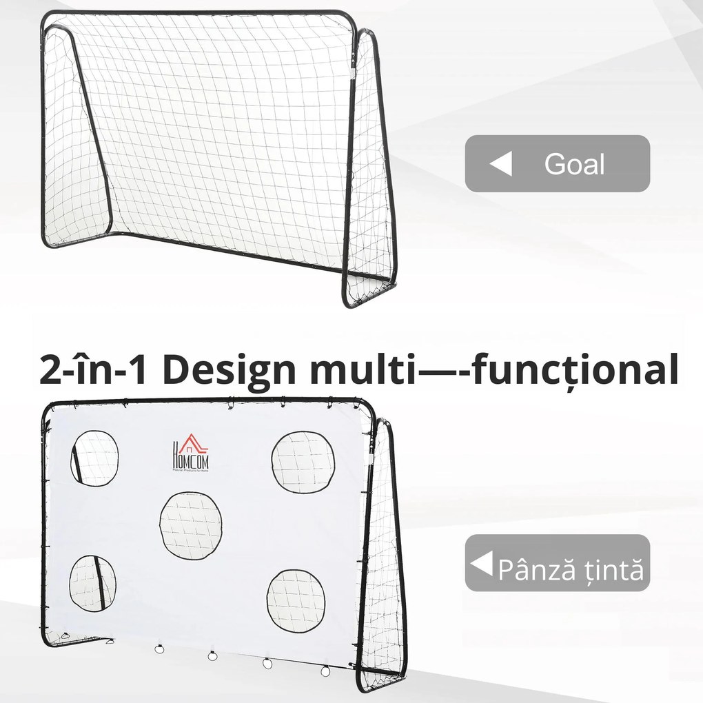 HOMCOM Poarta de Fotbal pentru Adulti Copii Plasa din PE, din Metal si Oxford, Alb si Negru, 240x88x171,5cm | Aosom Romania