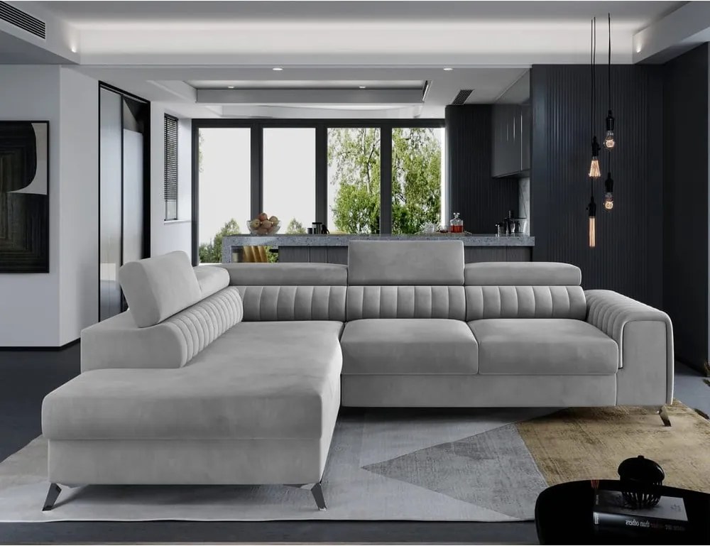 Colțar gri extensibil/cu spațiu de depozitare cu tapițerie din catifea (cu colț pe partea stângă/în formă de ”L”) Laurence – ELTAP