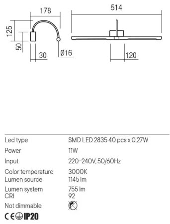 Aplică LED pentru tablouri KENDO Redo 01-3466 LED/11W/230V 51,4 cm CRI 92 alb