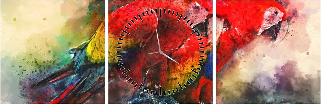 Tablou - Papagali roșii ara (cu ceas) (90x30 cm)