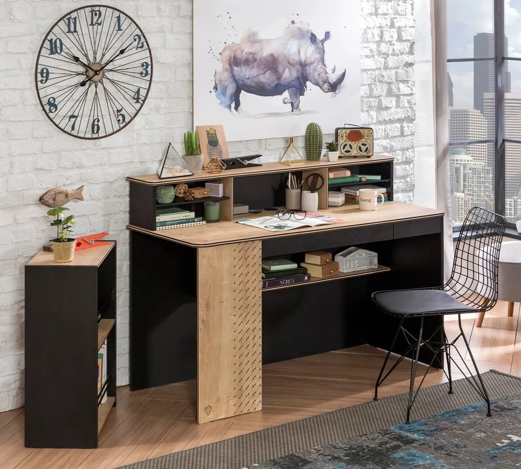 Set Studiu baiet cu 3 Piese - Birou, Unitate si rafturi Colectia Black