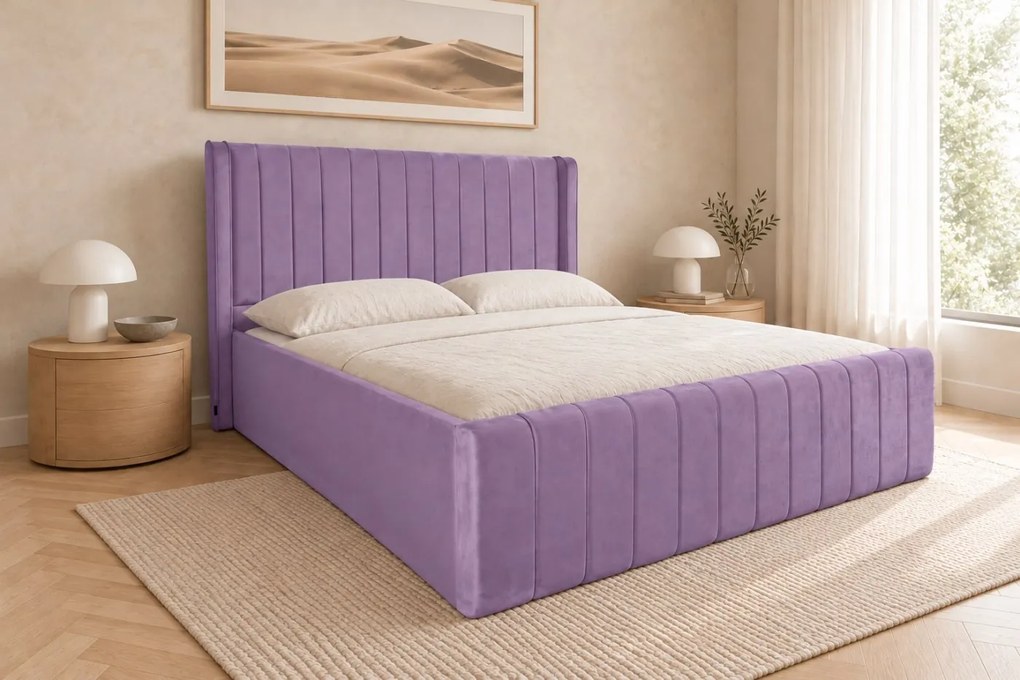 Pat tapițat din catifea Aurelia Simple 160×200 cm, lila, cu ladă de depozitare