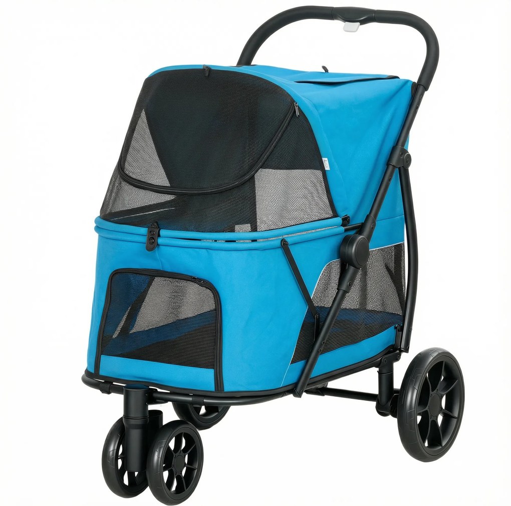PawHut Cărucior pentru câini pliabil cu 3 roți Ferestre din plasă Pernă lavabilă Off-road Capacitate 20 kg 92x63x95 cm Albastru | Aosom Romania