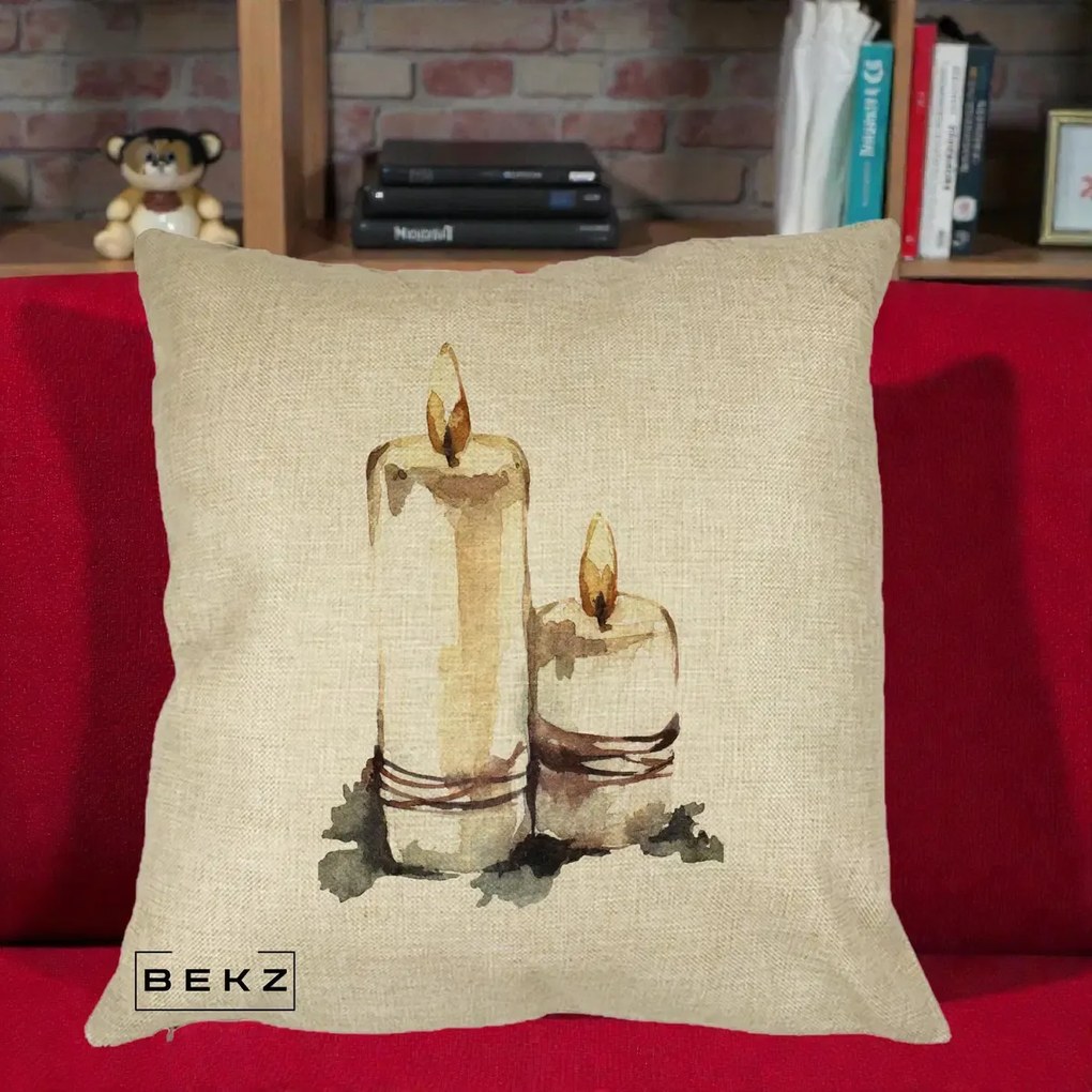 Perna Decorativa Lumanari Acuarela Iarna, 40x40 cm, Crem, Husa Detasabila, Perna Inclusa, BEKZ®