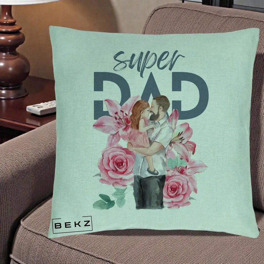 Cadou pentru Tata - Perna Personalizata Super Dad Tata cu Fetita si Flori, 40x40 cm, Verde Menta, Husa Detasabila, Perna Inclusa, BEKZ®