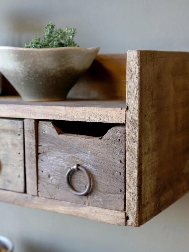 Etajeră de perete din lemn reciclat, natur, cu 1 raft, 3 sertare și mânere în formă de inel, aspect rustic, 15 x 36 x 12 cm, „Grimaud”