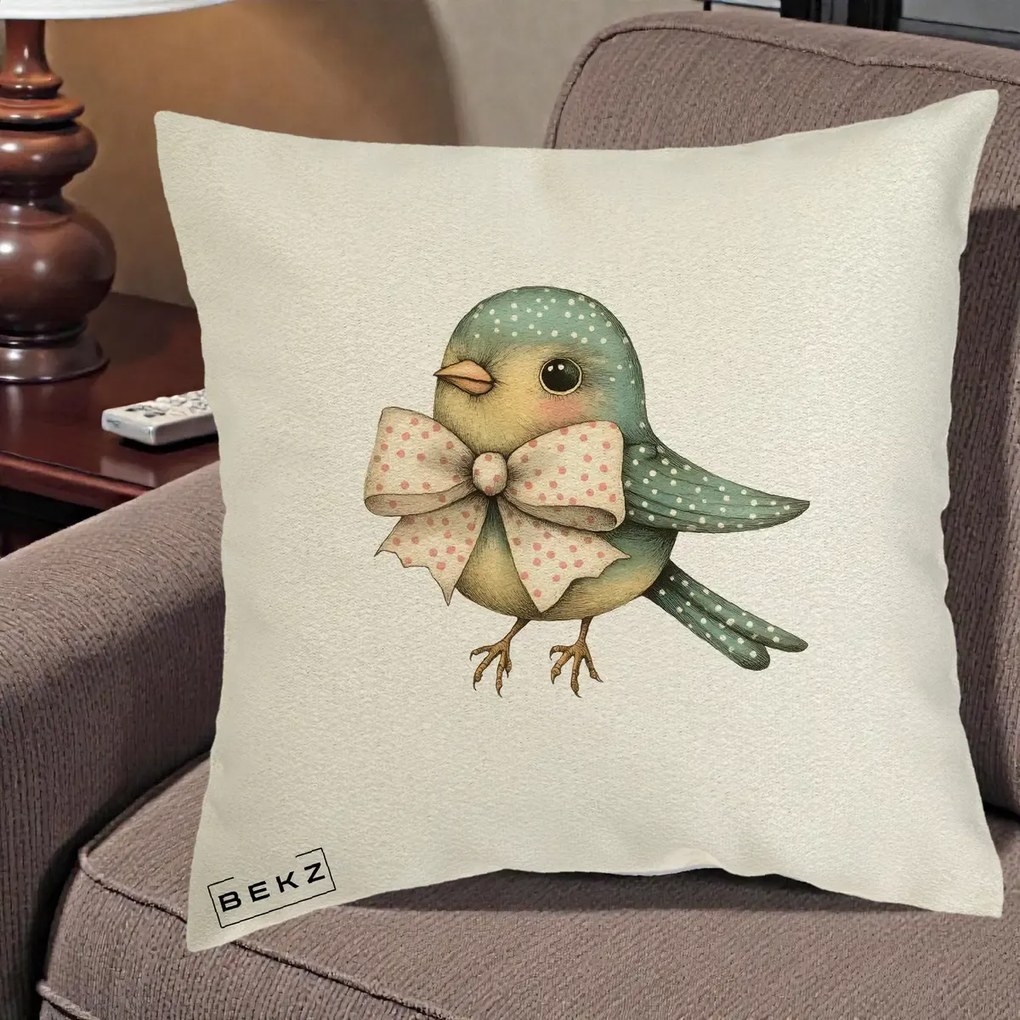 Perna Decorativa Pasare Teal cu Fundita cu Buline, 40x40 cm, Ecru, Husa Detasabila, Perna Inclusa, BEKZ®