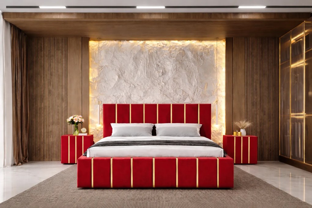 Pat tapitat Hugo 180x200 cm, Rosu+ Saltea Superortopedica Gold, grosime 20 cm + Set 2 noptiere Hugo, Rosu
