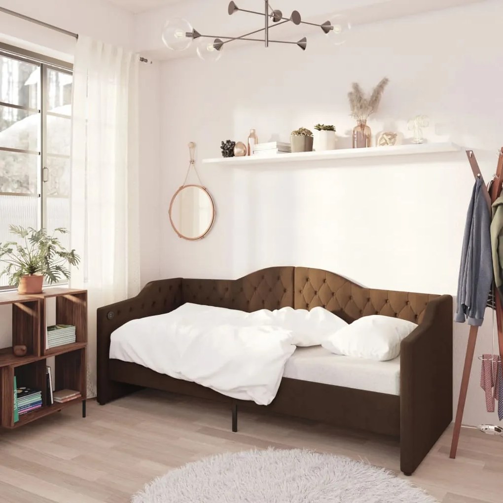 337188 vidaXL Pat de zi, maro închis, 90x200 cm, textil, USB