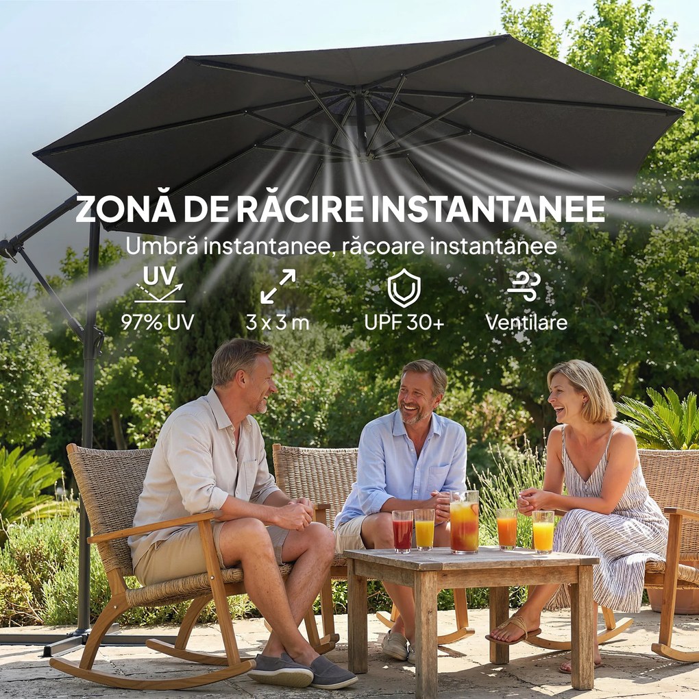 Outsunny Umbrelă de Grădină Suspendată 3 m cu Husă, Umbrelă Rotundă Inclinabilă cu Rotație 360°, Manivelă, Banana, Negru | Aosom Romania