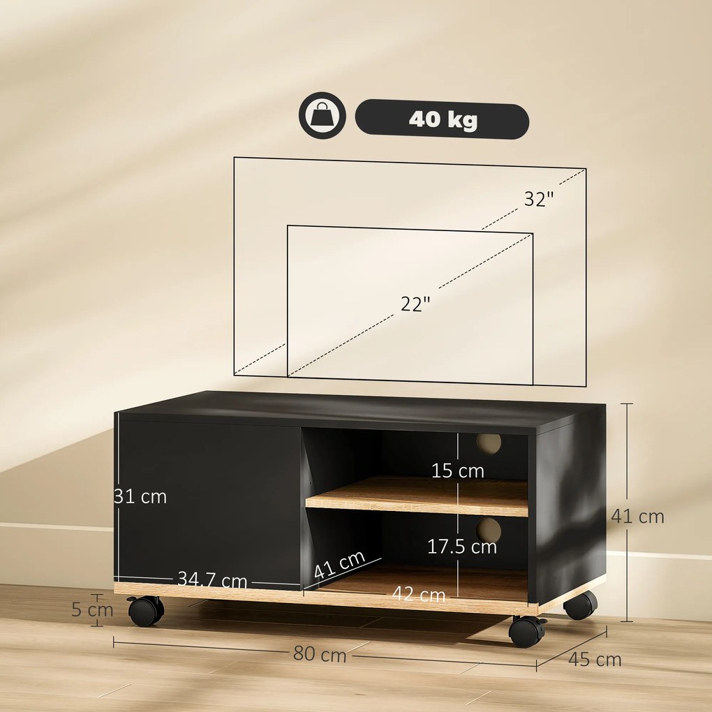 HOMCOM Dulap TV 42" Max cu 2 Rafturi deschise si Usa, Dulap TV Jos din PAL cu Roti, 80x45x39.5 cm, Alb | Aosom Romania