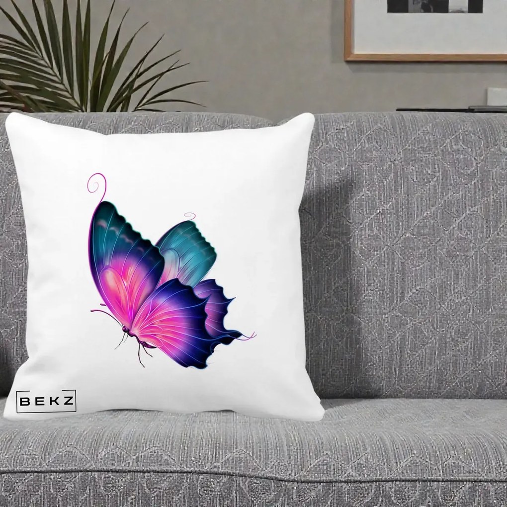 Perna Decorativa Fluture Neon, 40x40 cm, Alba Mata, Husa Detasabila, Perna Inclusa, BEKZ®