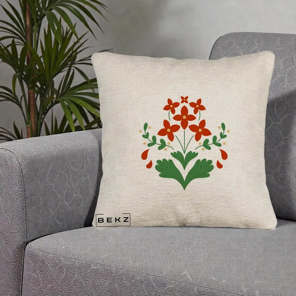 Perna Decorativa Buchet Floral Folk Rosu-Verde, 40x40 cm, Bej Canapea, Husa Detasabila, Perna Inclusa, BEKZ®