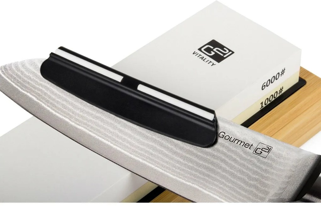 Set de cuțite G21 Gourmet Damascus în bloc debambus 4 bucăți + piatră de ascuțit