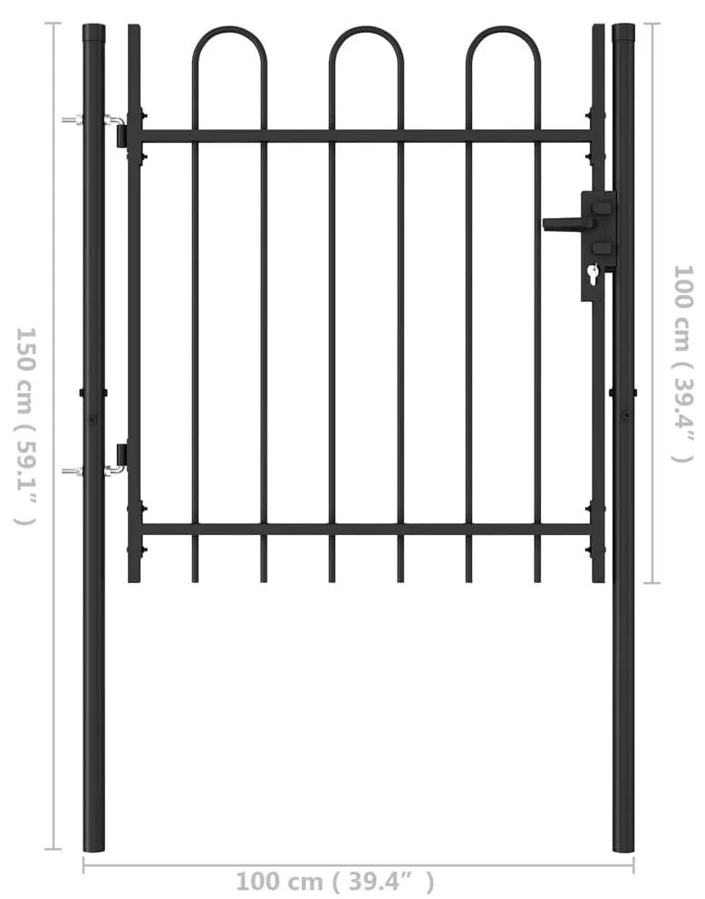 Poarta de gard cu o usa, varf arcuit, negru, 1 x 1 m, otel 1 x 1 m, varf arcuit