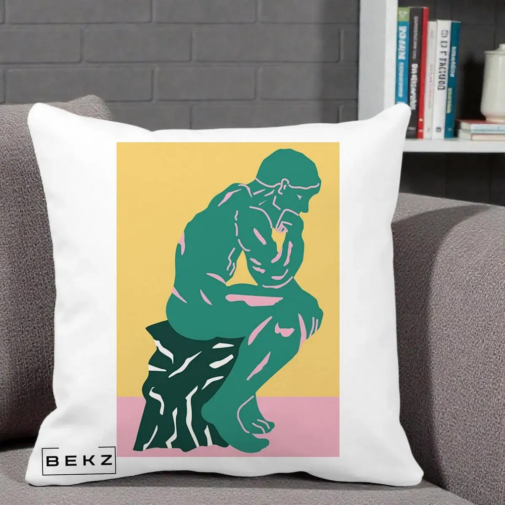 Perna Decorativa Ganditorul Sculptura Pop Art, 40x40 cm, Alba Mata, Husa Detasabila, Perna Inclusa, BEKZ®