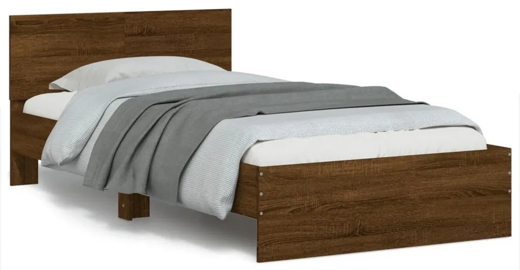 vidaXL Cadru de pat cu tăblie și lumini LED, stejar maro, 100x200 cm