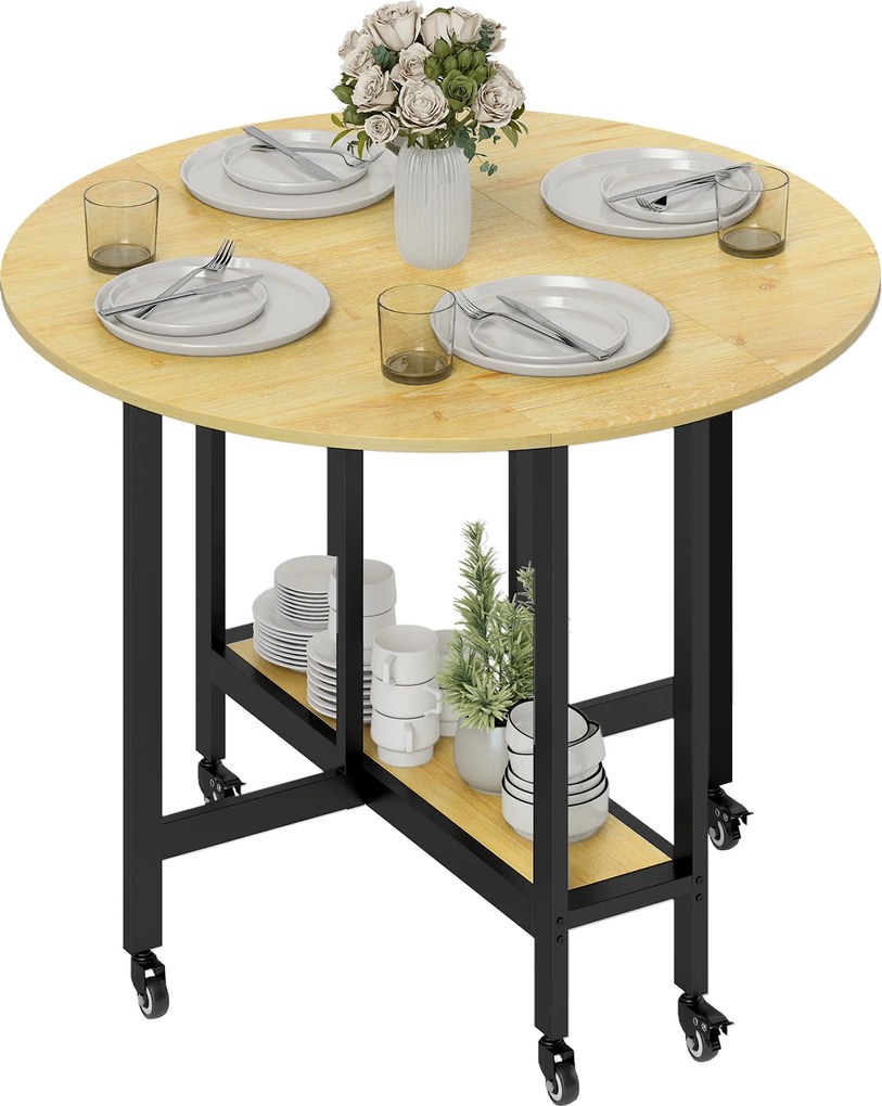 HOMCOM Masă de dining pliabilă pe roți, masă de bucătărie pentru 4 persoane cu poliță integrată, 100 x 100 x 75 cm, stejar | Aosom Romania