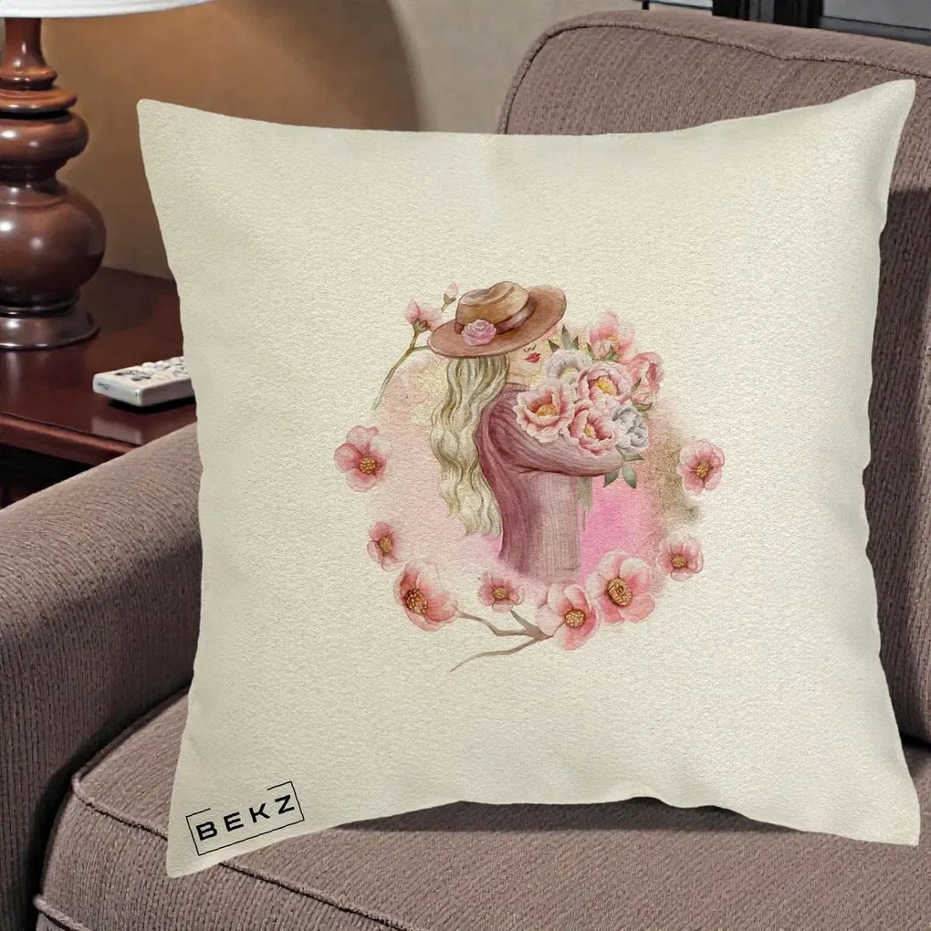 Perna Decorativa Femeie cu Flori Roz Acuarela, 40x40 cm, Ecru, Husa Detasabila, Perna Inclusa, BEKZ®