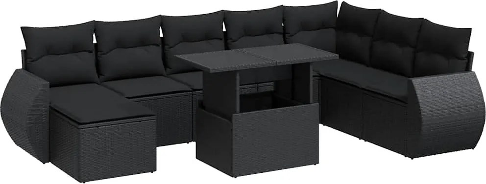 vidaXL Set mobilier de grădină cu perne, 9 piese, negru, poliratan