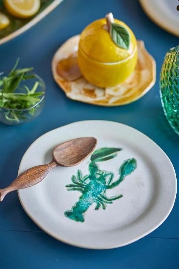 Set 4 farfurii rotunde din ceramică cu homar verde pictat, D21×H2 cm, „Hadden"