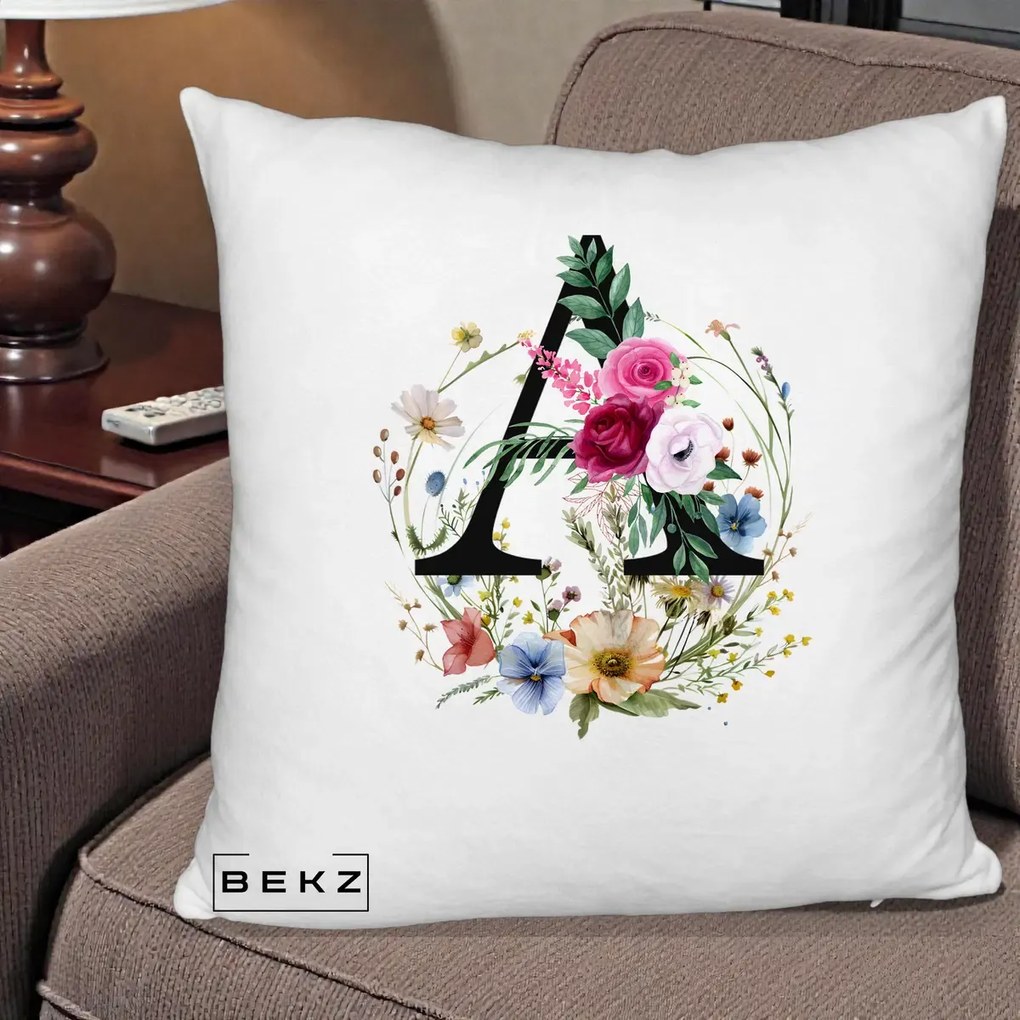 Cadou Personalizat - Perna Personalizata Monogram Litera A cu Flori Acuarela, 40x40 cm, Alb Pufos, Husa Detasabila, Perna Inclusa, BEKZ®