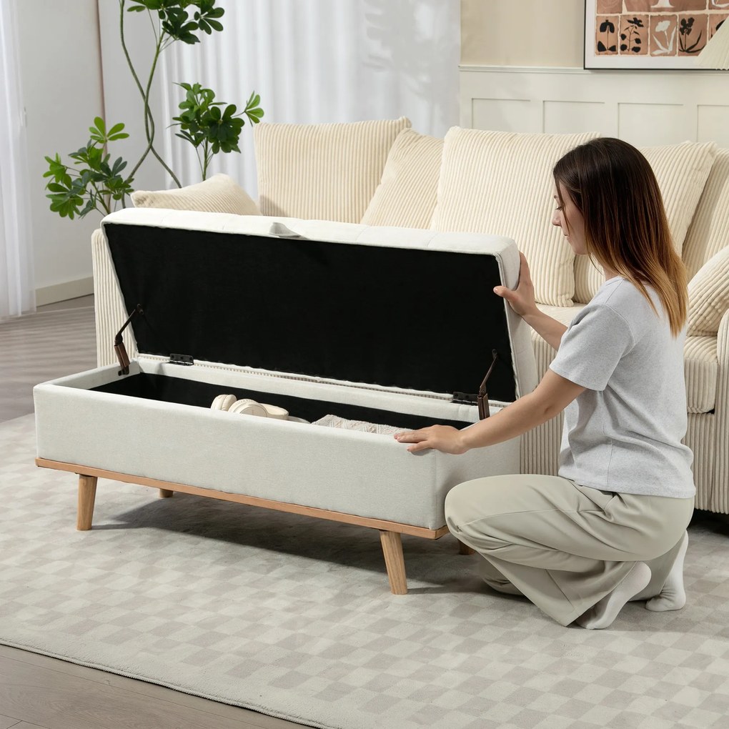 HOMCOM Taburet depozitare 80L, material textil, picioare lemn, 118x42x45 cm, crem | Aosom Romania