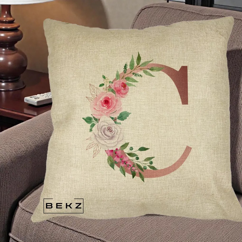 Cadou Personalizat - Perna Personalizata Monograma Rose Gold Litera C, 40x40 cm, Crem, Husa Detasabila, Perna Inclusa, BEKZ®