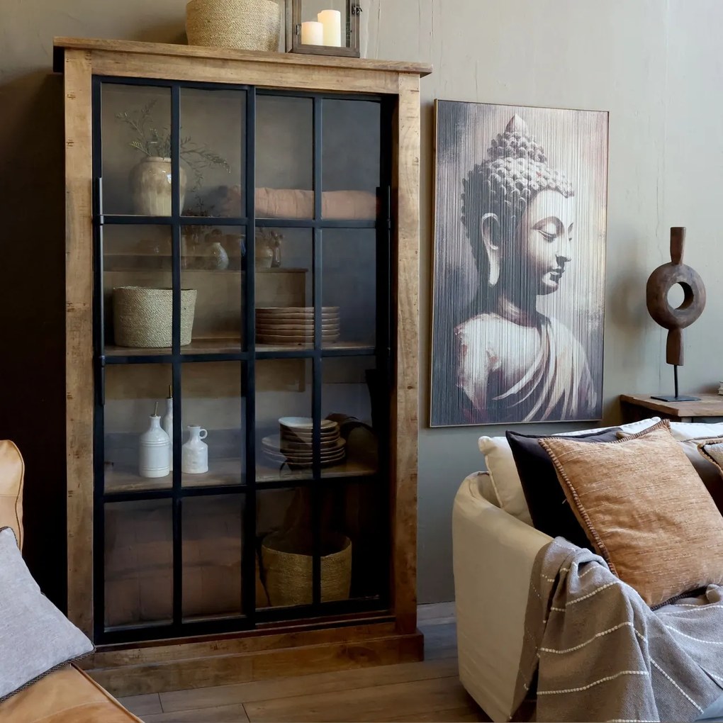 Vitrină natur din lemn de mango și metal cu 2 uși glisante vitrate 110x45x190 cm, „Paris"