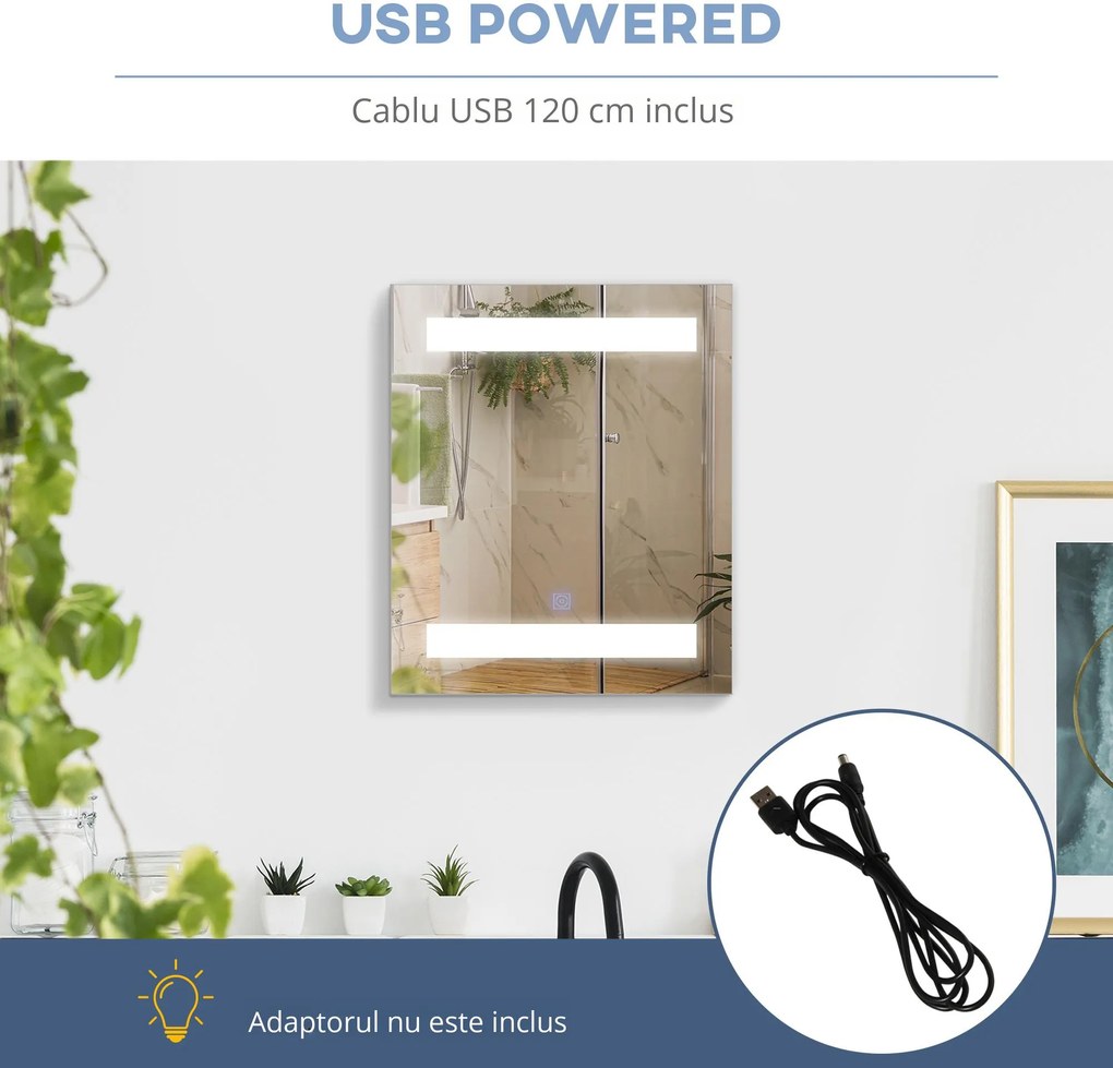 HOMCOM Dulap Baie cu 1 Usa Basculanta Oglinda si Lumini LED 60 x 50 x15cm | Aosom Romania