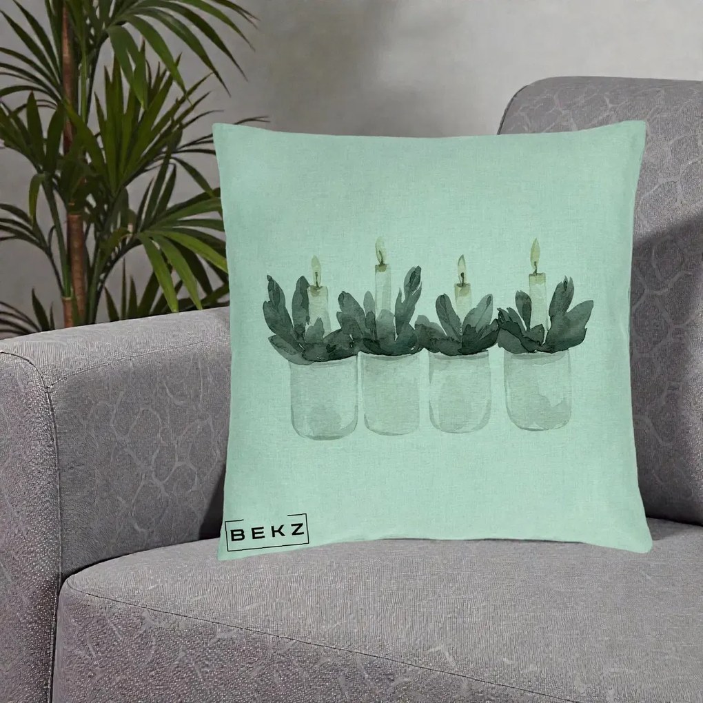 Perna Decorativa Lumanari Advent in Borcane, 40x40 cm, Verde Menta, Husa Detasabila, Perna Inclusa, BEKZ®
