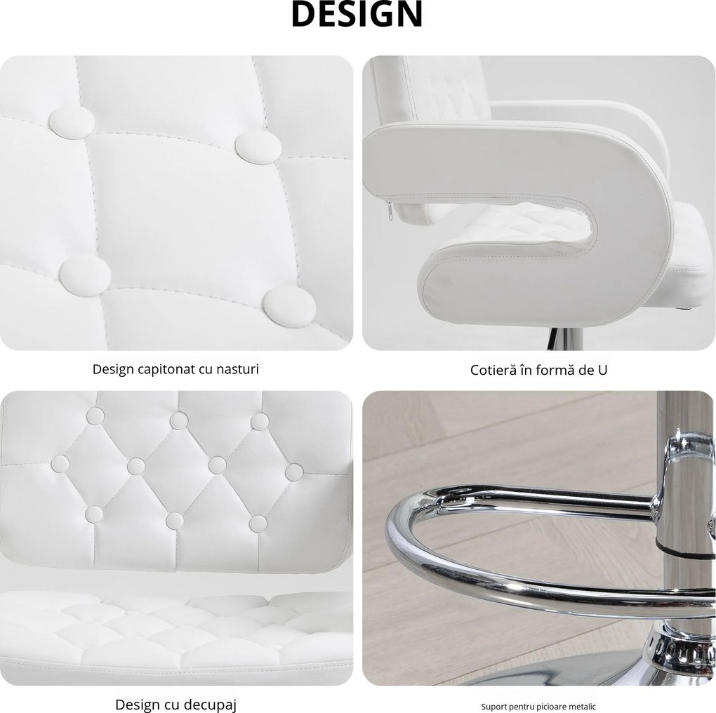 HOMCOM Scaun inalt de bar cu Spatar si Brate, Reglabil, Rotativ din Piele sintetica Alba, pentru Bucatarie sau Pub, 64x50x94-114cm | Aosom Romania